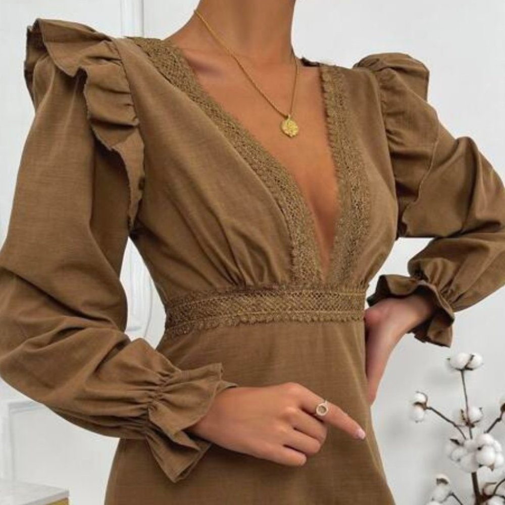 BOHO DOLLZ Plunging Neckline Mini Dress brown - Picture 5 of 6